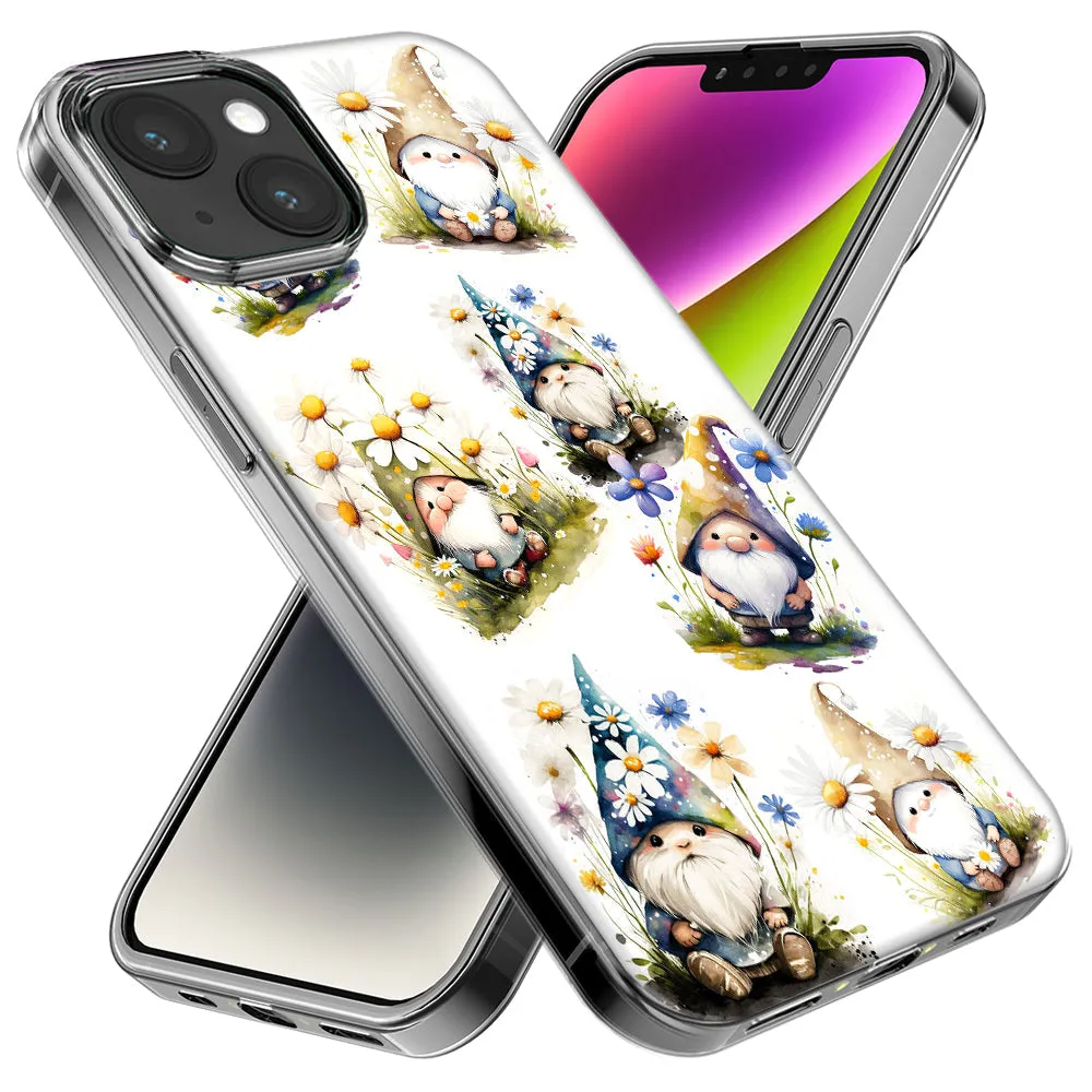 For Apple iPhone 15 Pro Cute White Blue Daisies Gnomes Design Hybrid Protective Phone Case Cover