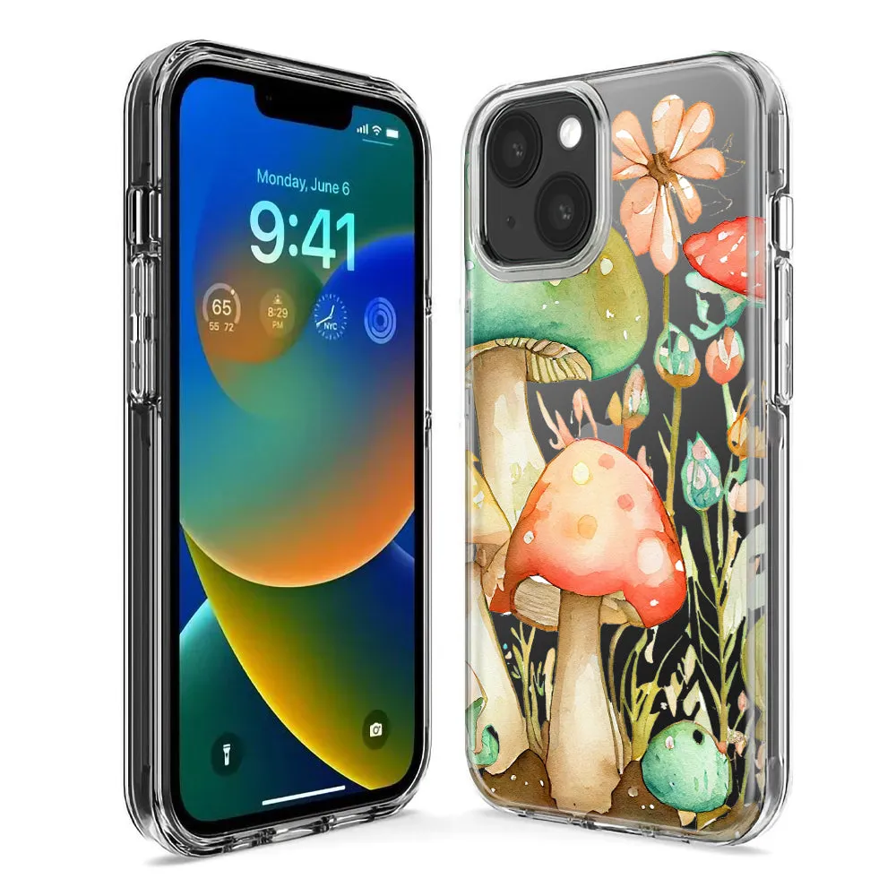 For Apple iPhone 15 Pro Fairy Tale Watercolor Mushrooms Pastel Spring Flowers Floral Design Hybrid Protective Phone Case Cover