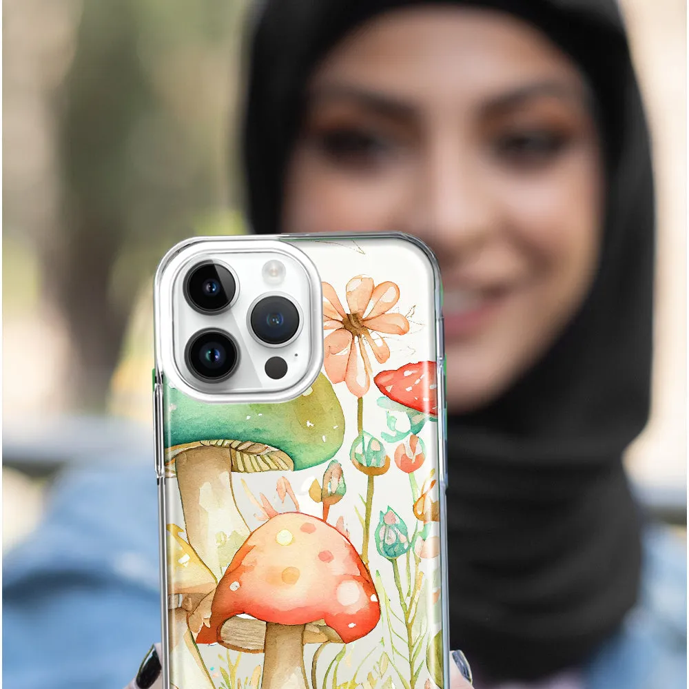 For Apple iPhone 15 Pro Fairy Tale Watercolor Mushrooms Pastel Spring Flowers Floral Design Hybrid Protective Phone Case Cover