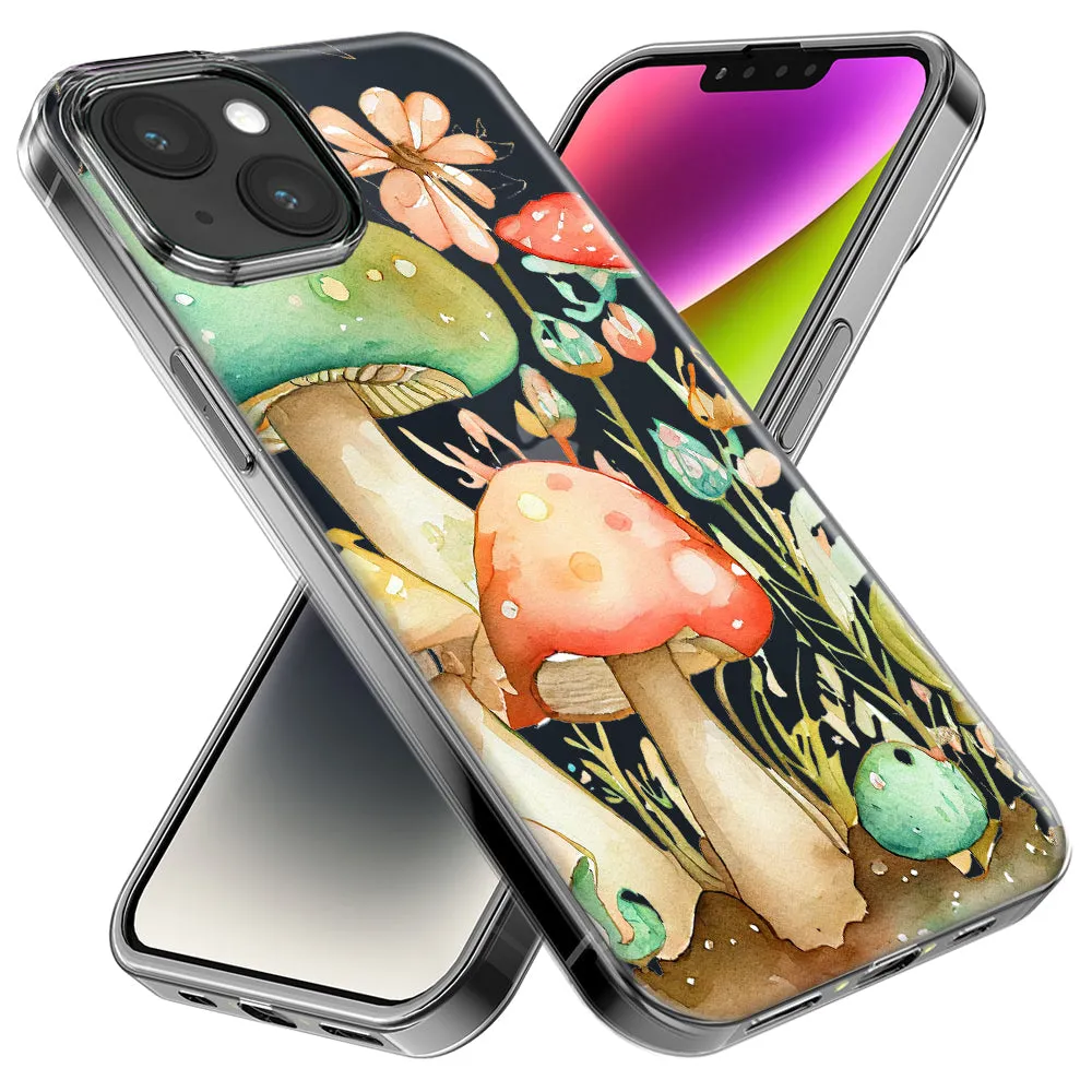 For Apple iPhone 15 Pro Fairy Tale Watercolor Mushrooms Pastel Spring Flowers Floral Design Hybrid Protective Phone Case Cover