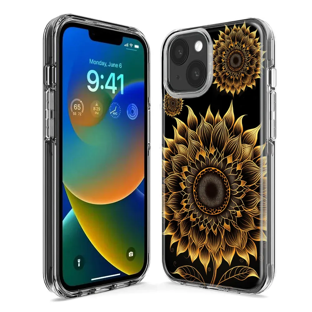 For Apple iPhone 15 Pro Mandala Geometry Abstract Sunflowers Pattern Design Hybrid Protective Phone Case Cover