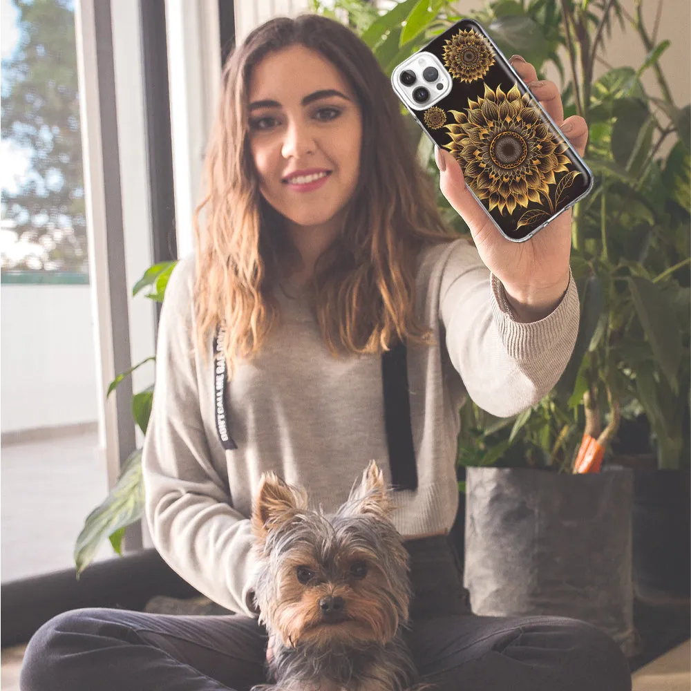 For Apple iPhone 15 Pro Mandala Geometry Abstract Sunflowers Pattern Design Hybrid Protective Phone Case Cover