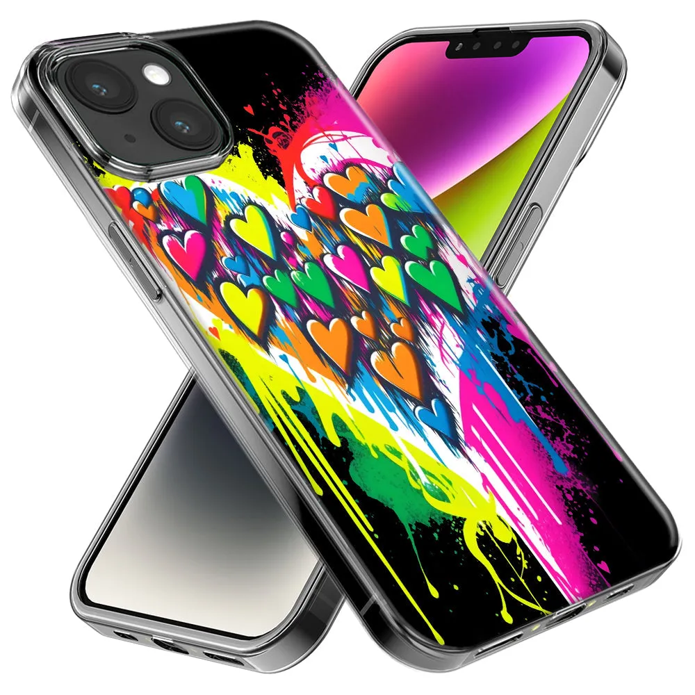 For Apple iPhone 15 Pro Max Colorful Rainbow Hearts Love Graffiti Painting Design Hybrid Protective Phone Case Cover