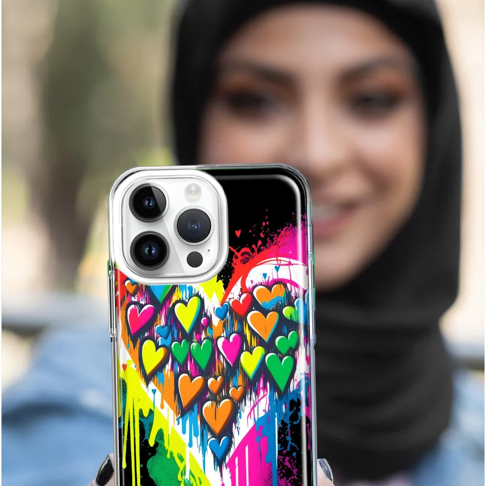 For Apple iPhone 15 Pro Max Colorful Rainbow Hearts Love Graffiti Painting Design Hybrid Protective Phone Case Cover