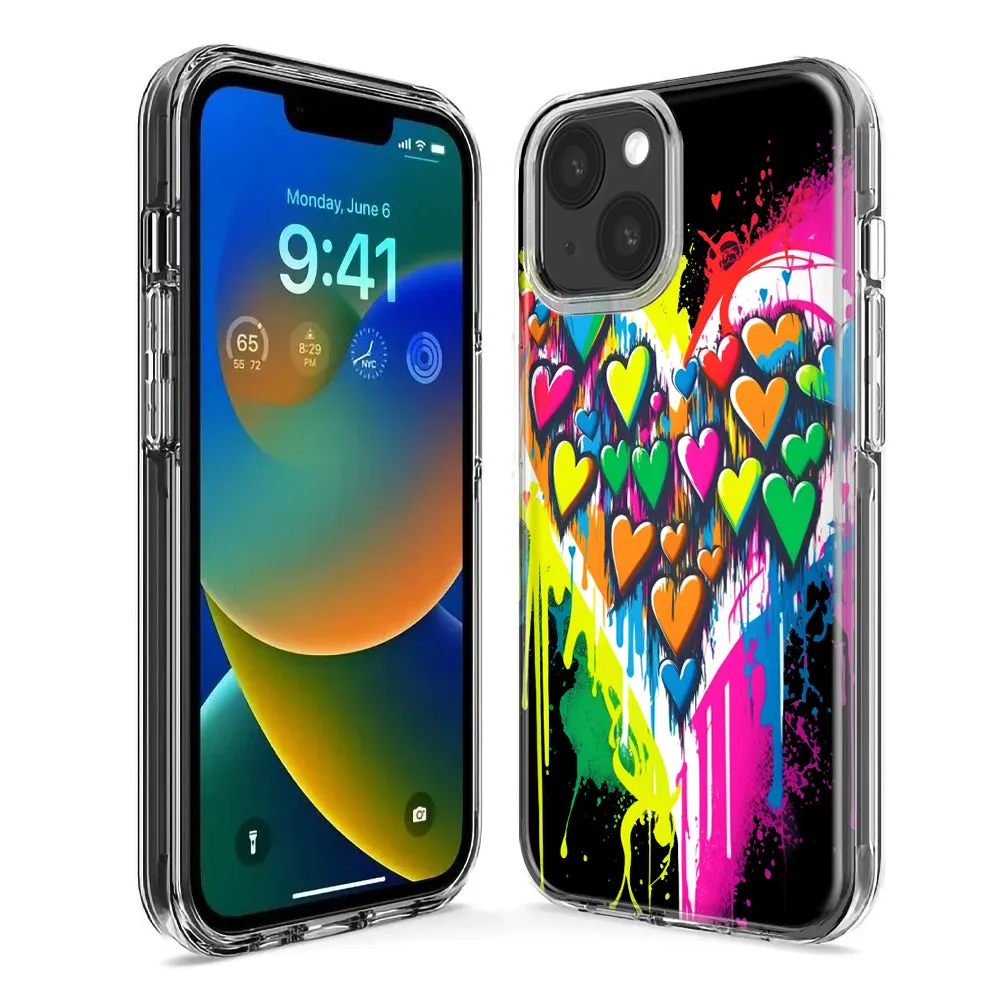 For Apple iPhone 15 Pro Max Colorful Rainbow Hearts Love Graffiti Painting Design Hybrid Protective Phone Case Cover