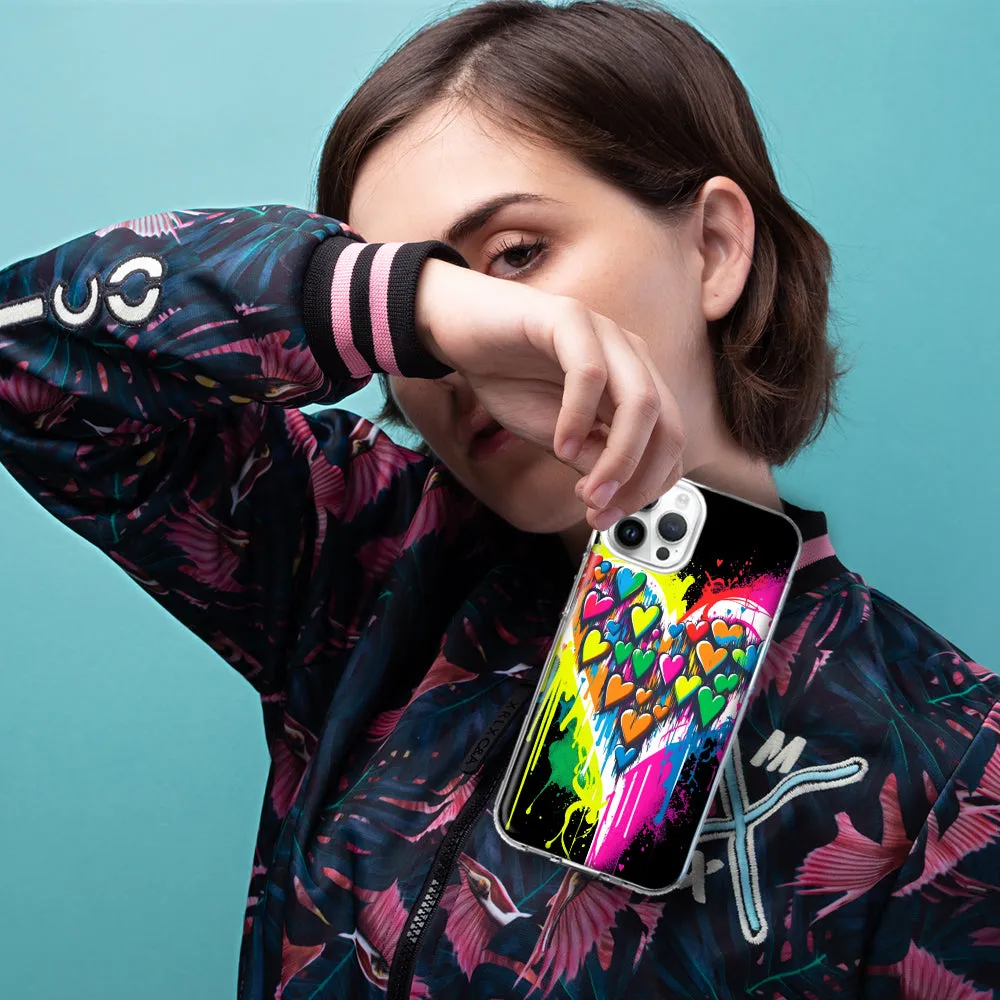 For Apple iPhone 15 Pro Max Colorful Rainbow Hearts Love Graffiti Painting Design Hybrid Protective Phone Case Cover