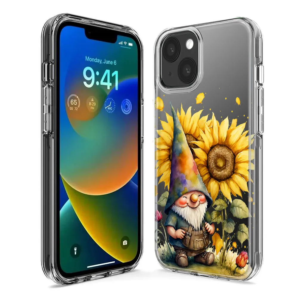 For Apple iPhone 15 Pro Max Cute Gnome Sunflowers Clear Design Hybrid Protective Phone Case Cover