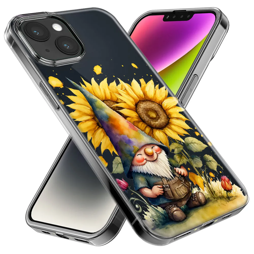 For Apple iPhone 15 Pro Max Cute Gnome Sunflowers Clear Design Hybrid Protective Phone Case Cover