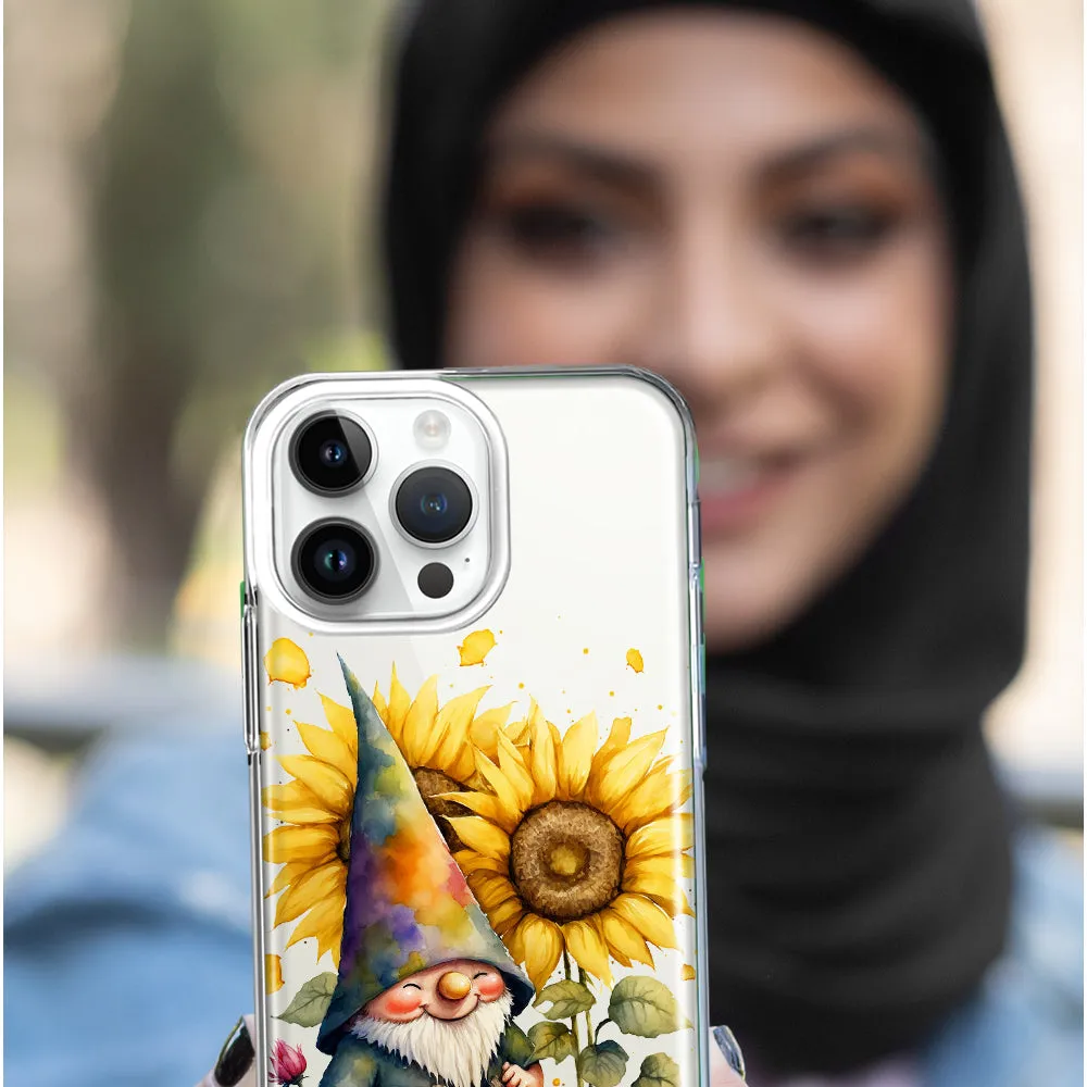 For Apple iPhone 15 Pro Max Cute Gnome Sunflowers Clear Design Hybrid Protective Phone Case Cover