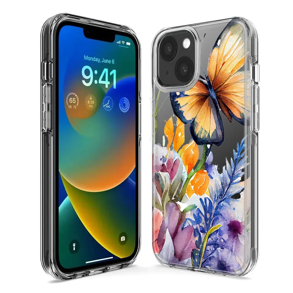 For Apple iPhone 15 Pro Max Spring Summer Flowers Butterfly Purple Blue Lilac Floral Design Hybrid Protective Phone Case Cover