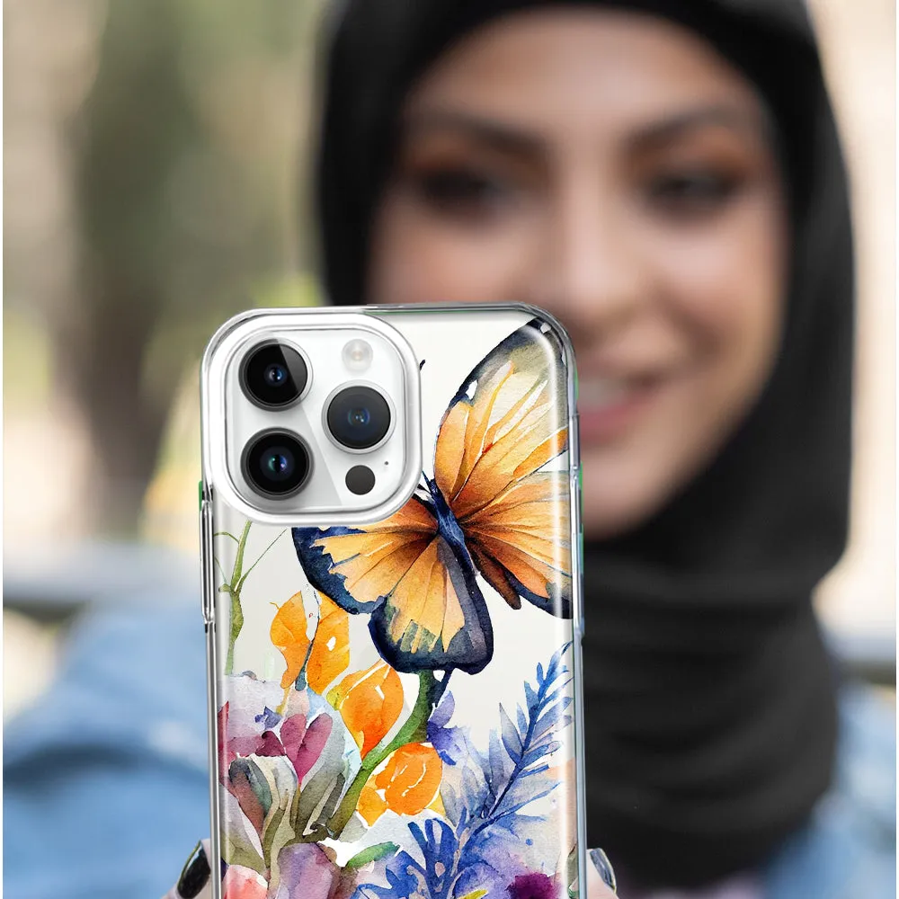 For Apple iPhone 15 Pro Max Spring Summer Flowers Butterfly Purple Blue Lilac Floral Design Hybrid Protective Phone Case Cover