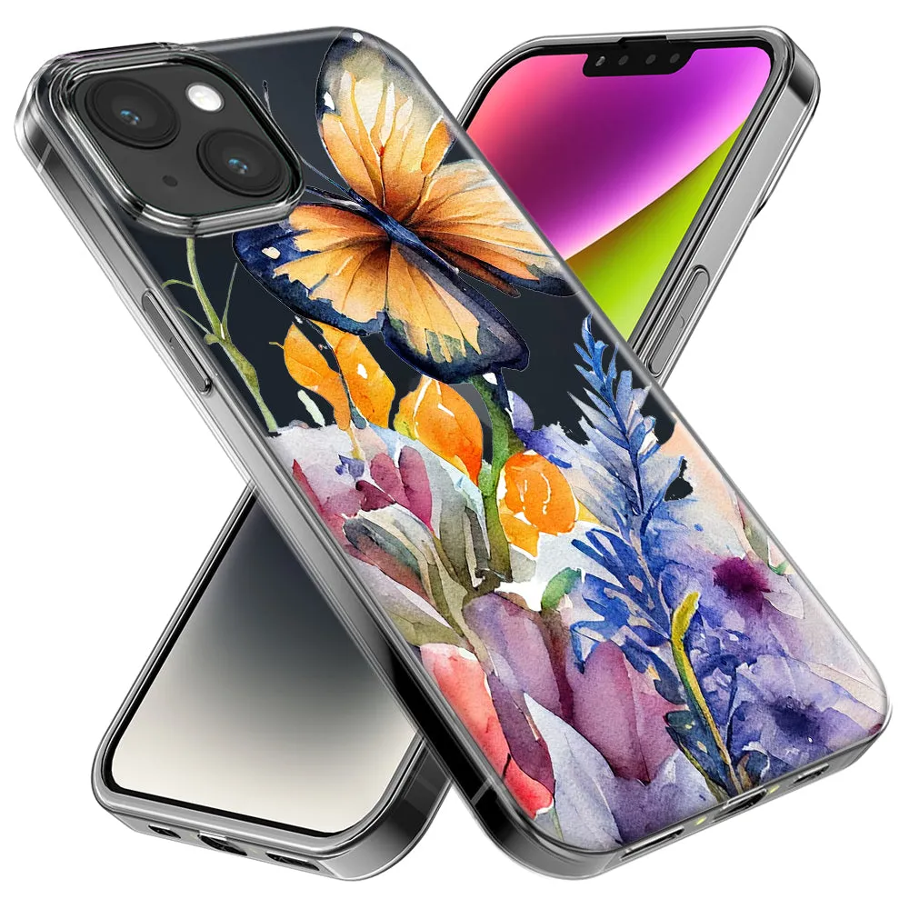 For Apple iPhone 15 Pro Max Spring Summer Flowers Butterfly Purple Blue Lilac Floral Design Hybrid Protective Phone Case Cover