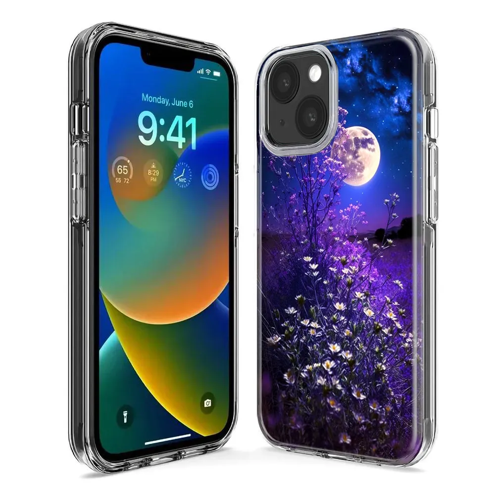 For Apple iPhone 15 Pro Spring Moon Night Lavender Flowers Floral Design Hybrid Protective Phone Case Cover