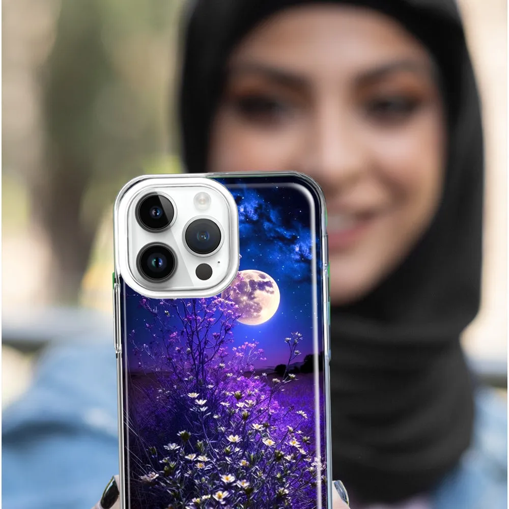 For Apple iPhone 15 Pro Spring Moon Night Lavender Flowers Floral Design Hybrid Protective Phone Case Cover