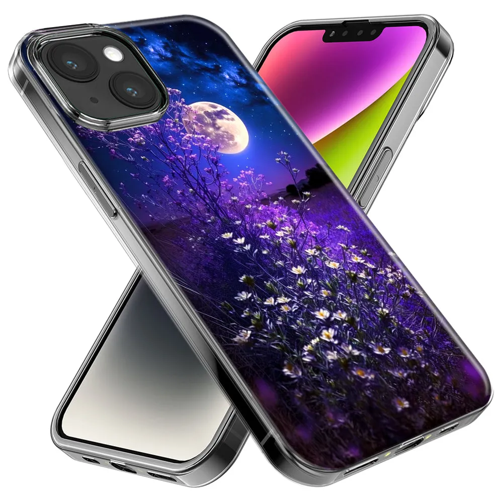 For Apple iPhone 15 Pro Spring Moon Night Lavender Flowers Floral Design Hybrid Protective Phone Case Cover