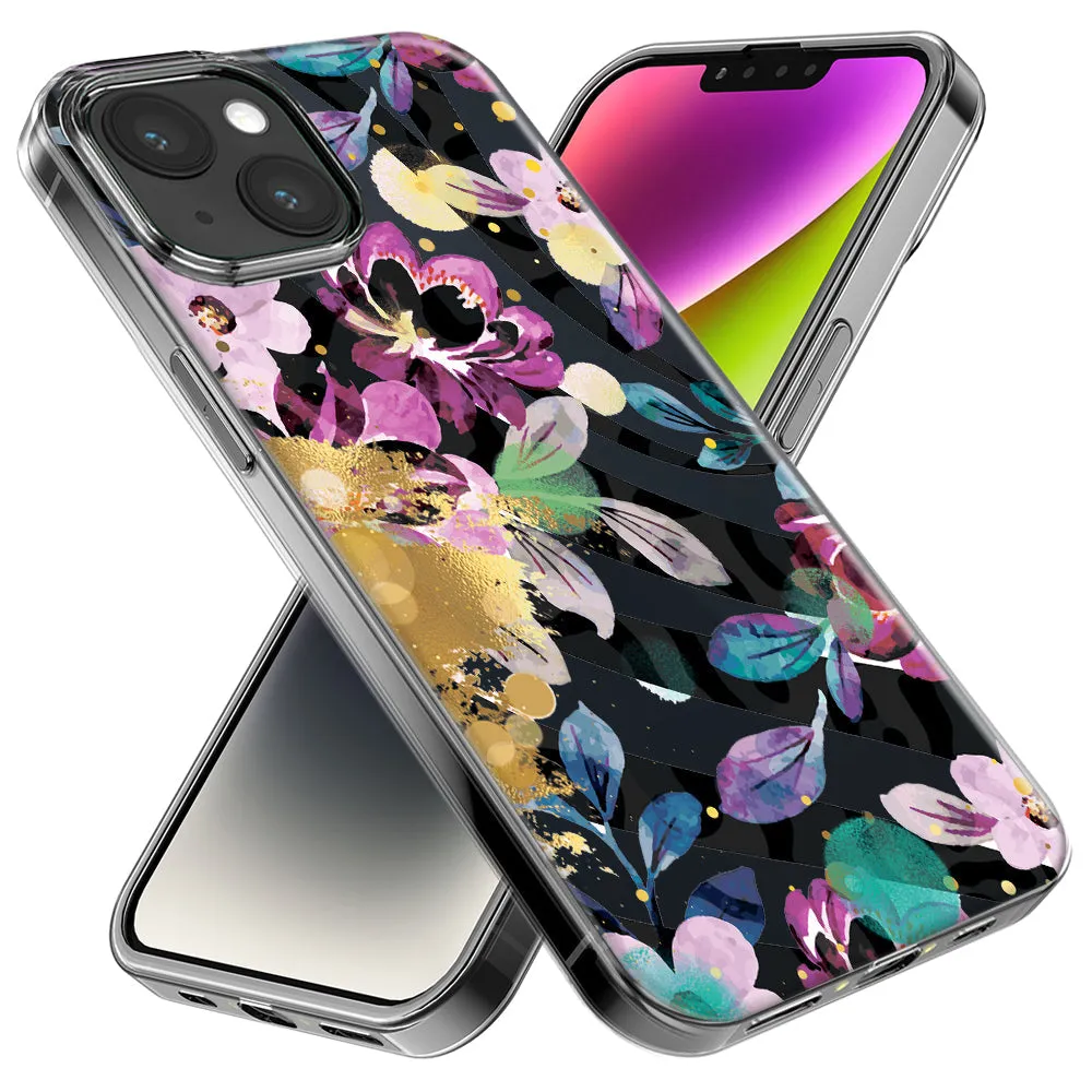 For Apple iPhone 15 Pro Zebra Stripes Tropical Flowers Purple Blue Summer Vibes Design Hybrid Protective Phone Case Cover