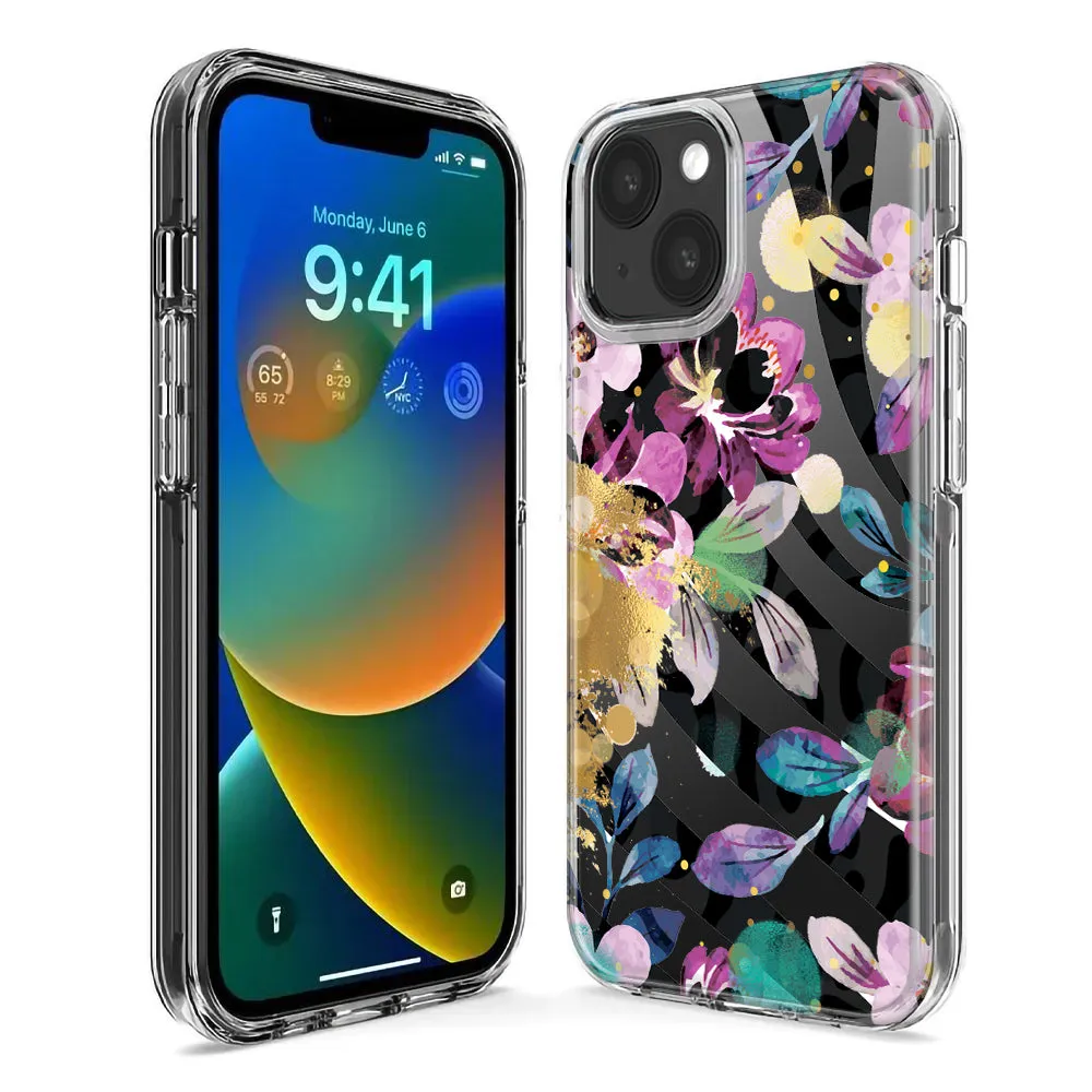 For Apple iPhone 15 Pro Zebra Stripes Tropical Flowers Purple Blue Summer Vibes Design Hybrid Protective Phone Case Cover