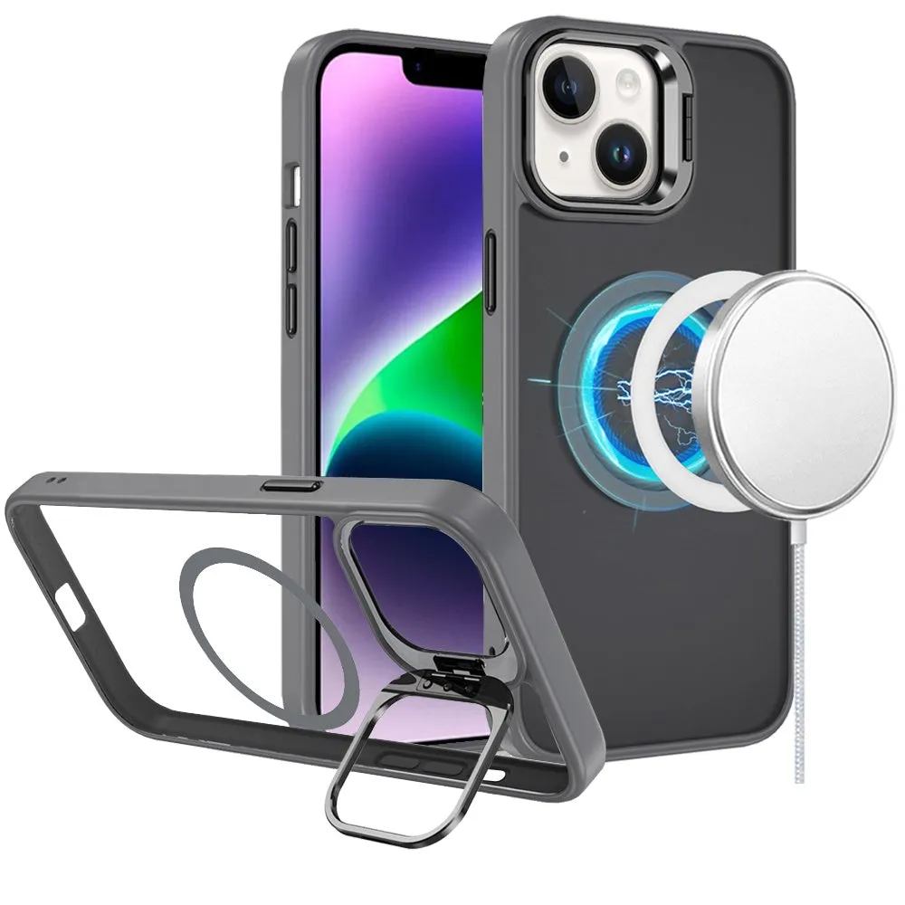 For Apple iPhone 16 (6.1") Heavy Duty Metallic Hybrid Tough TPU with Camera Ring Stand, MagSafe Compatible, Rugged Drop Protection Case Cover