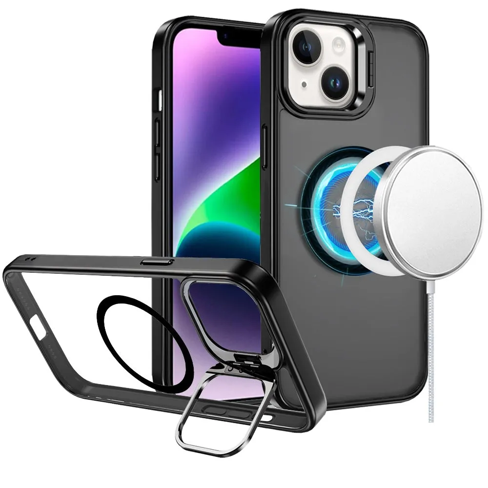 For Apple iPhone 16 (6.1") Heavy Duty Metallic Hybrid Tough TPU with Camera Ring Stand, MagSafe Compatible, Rugged Drop Protection Case Cover