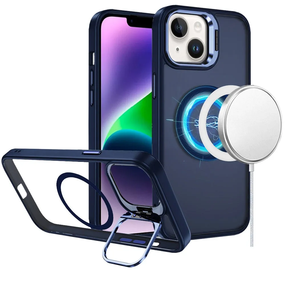 For Apple iPhone 16 (6.1") Heavy Duty Metallic Hybrid Tough TPU with Camera Ring Stand, MagSafe Compatible, Rugged Drop Protection Case Cover