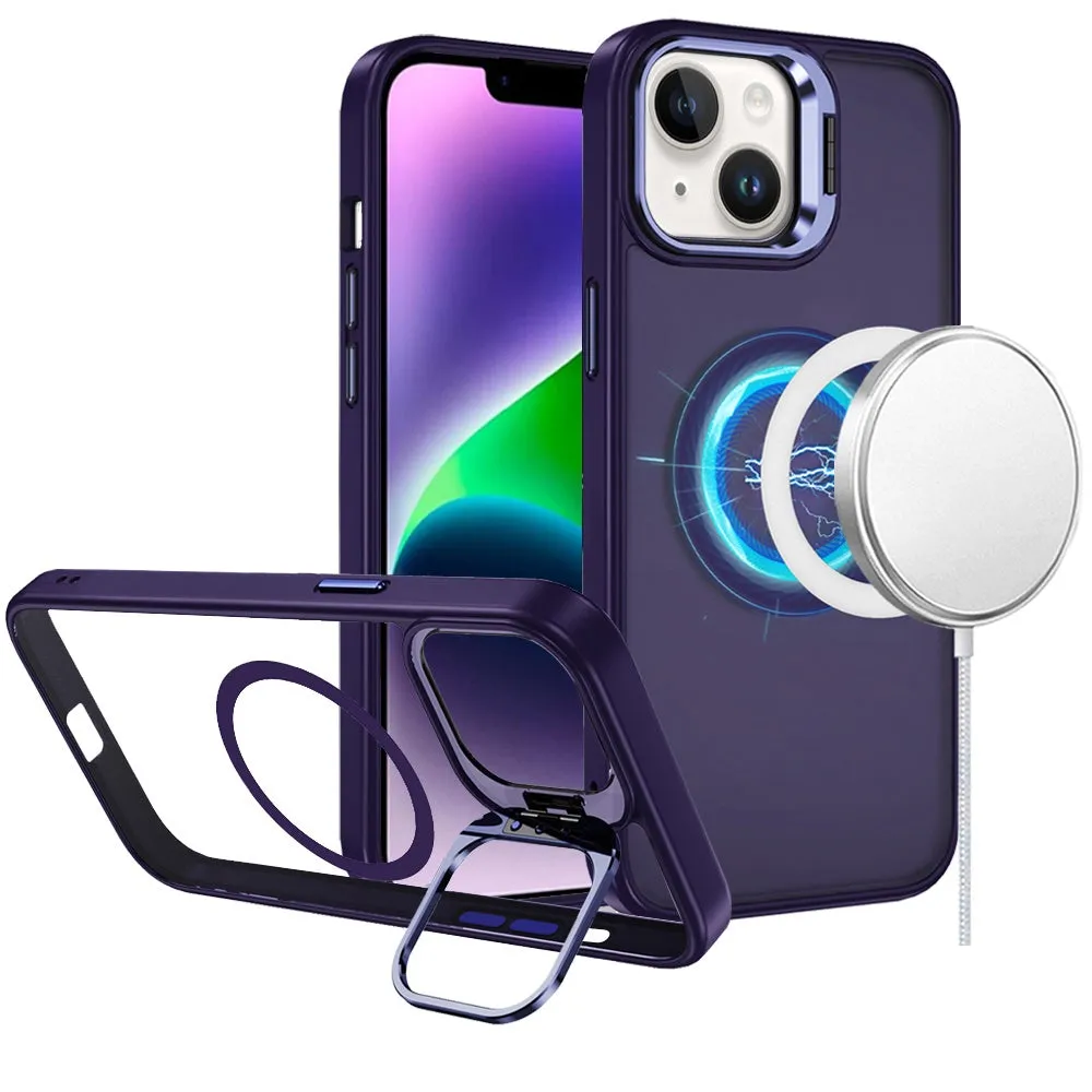 For Apple iPhone 16 (6.1") Heavy Duty Metallic Hybrid Tough TPU with Camera Ring Stand, MagSafe Compatible, Rugged Drop Protection Case Cover