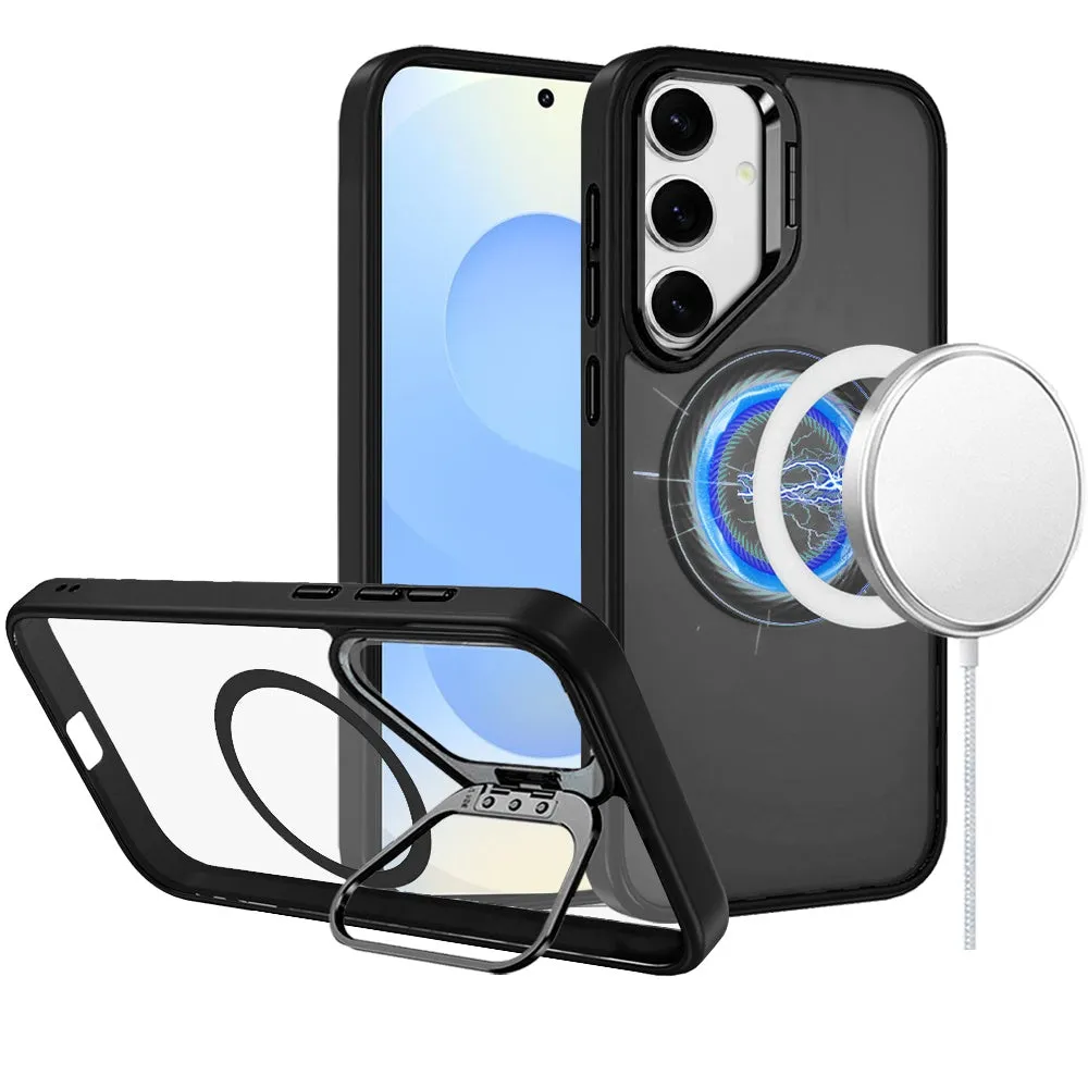 For Apple iPhone 16 (6.1") Heavy Duty Metallic Hybrid Tough TPU with Camera Ring Stand, MagSafe Compatible, Rugged Drop Protection Case Cover