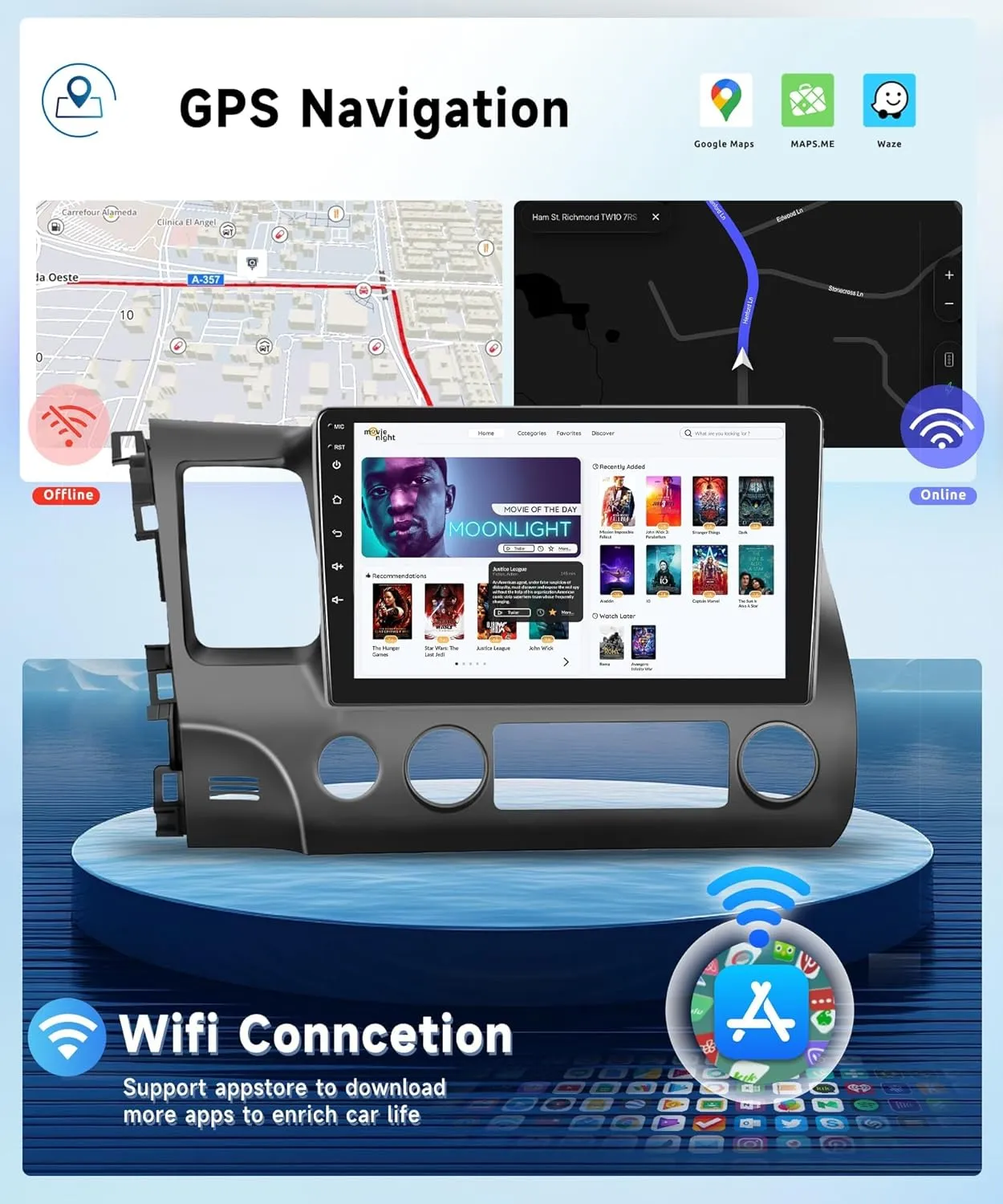 for Honda Civic 2006-2011 Wireless Carplay Android Car Stereo Support Wireless Android Auto with WiFi GPS Navigation AHD Backup Camera FM RDS Radio Receiver EQ HiFi Steering Wheel Controls