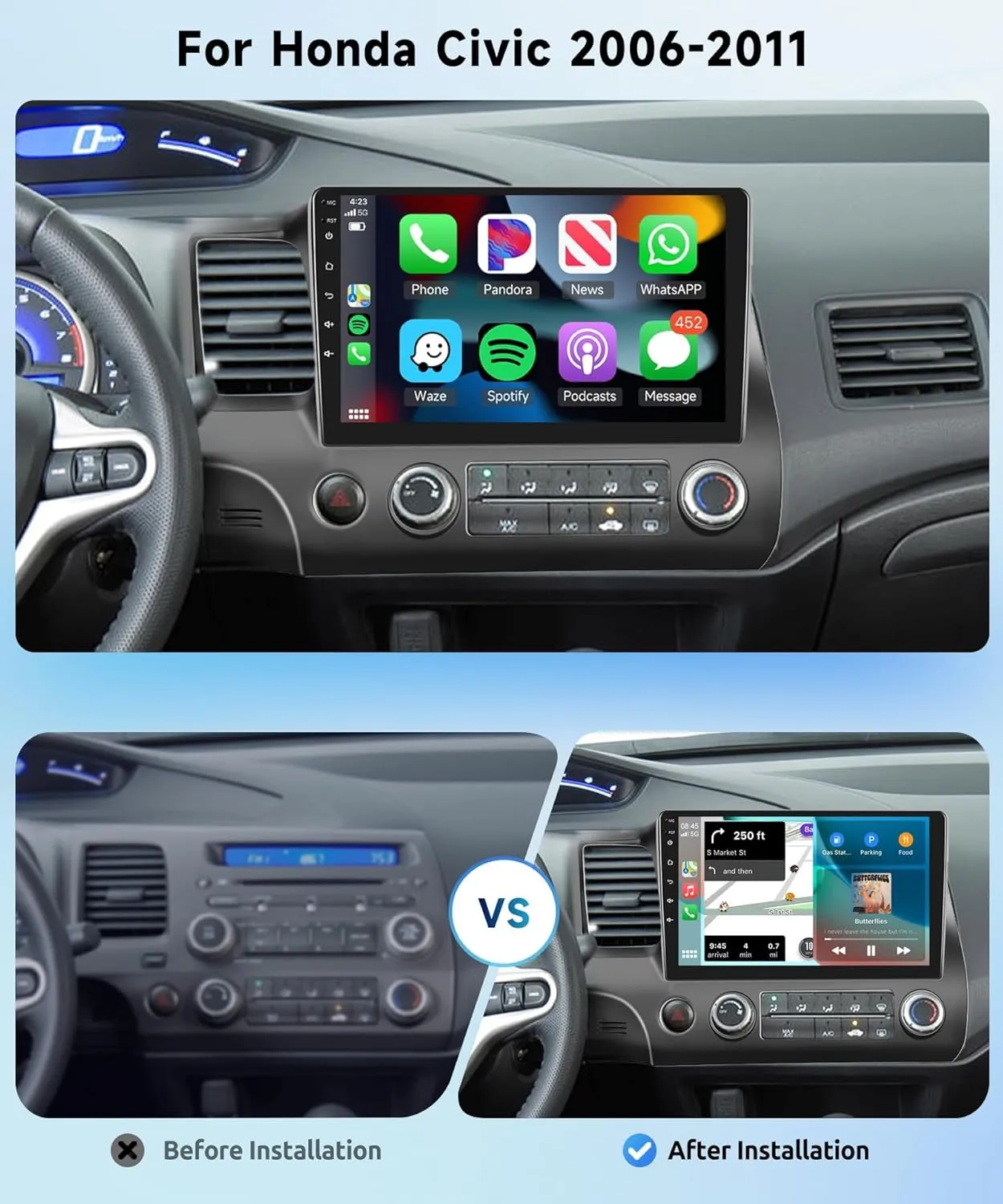 for Honda Civic 2006-2011 Wireless Carplay Android Car Stereo Support Wireless Android Auto with WiFi GPS Navigation AHD Backup Camera FM RDS Radio Receiver EQ HiFi Steering Wheel Controls