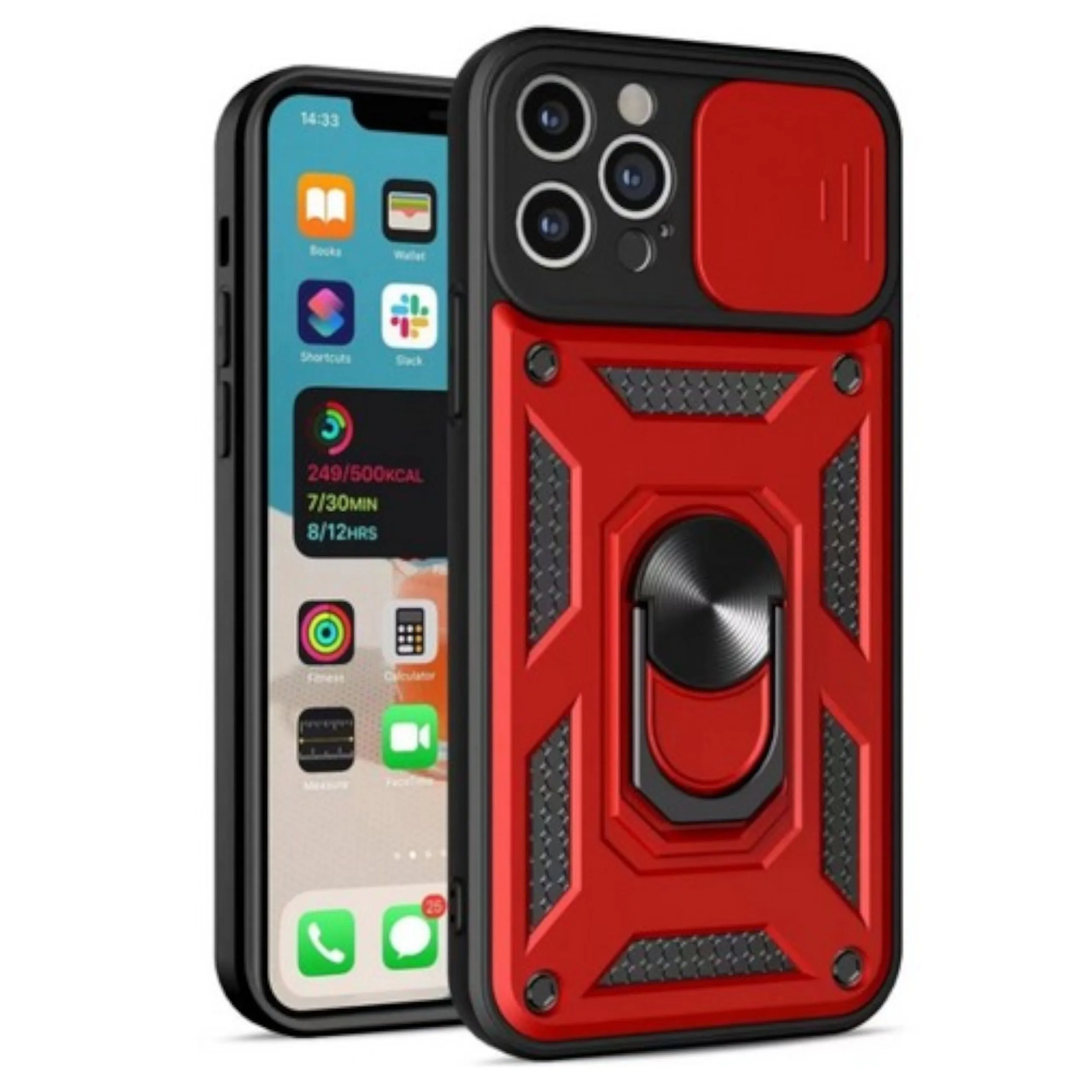 For Motorola Moto G 5G 2025 Hybrid Shockproof, Built-in Sliding Camera Lens Protection with Magnetic Finger Ring Stand Holder Case Cover Red