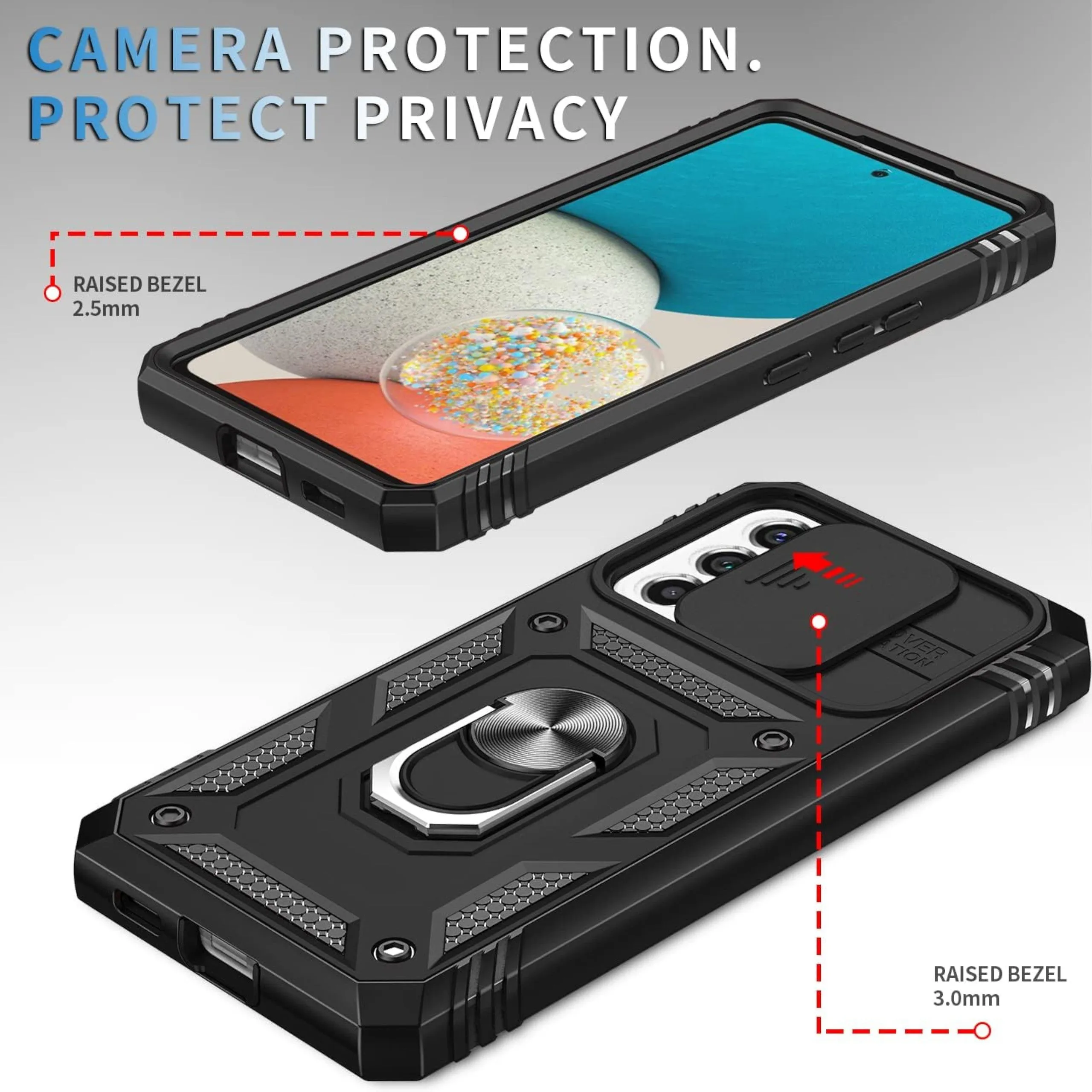 For Motorola Moto G 5G 2025 Hybrid Shockproof, Built-in Sliding Camera Lens Protection with Magnetic Finger Ring Stand Holder Case Cover Red