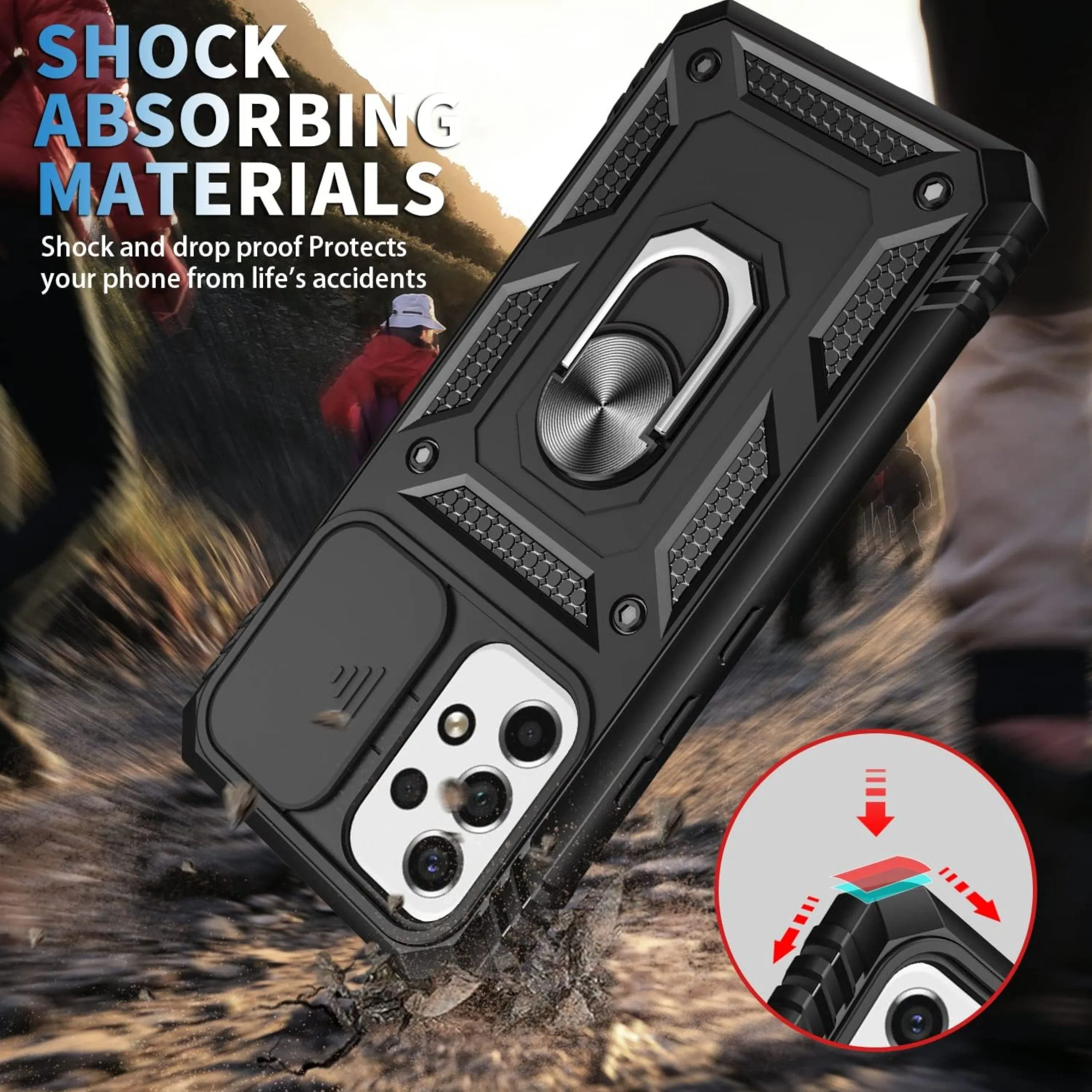 For Motorola Moto G 5G 2025 Hybrid Shockproof, Built-in Sliding Camera Lens Protection with Magnetic Finger Ring Stand Holder Case Cover Red
