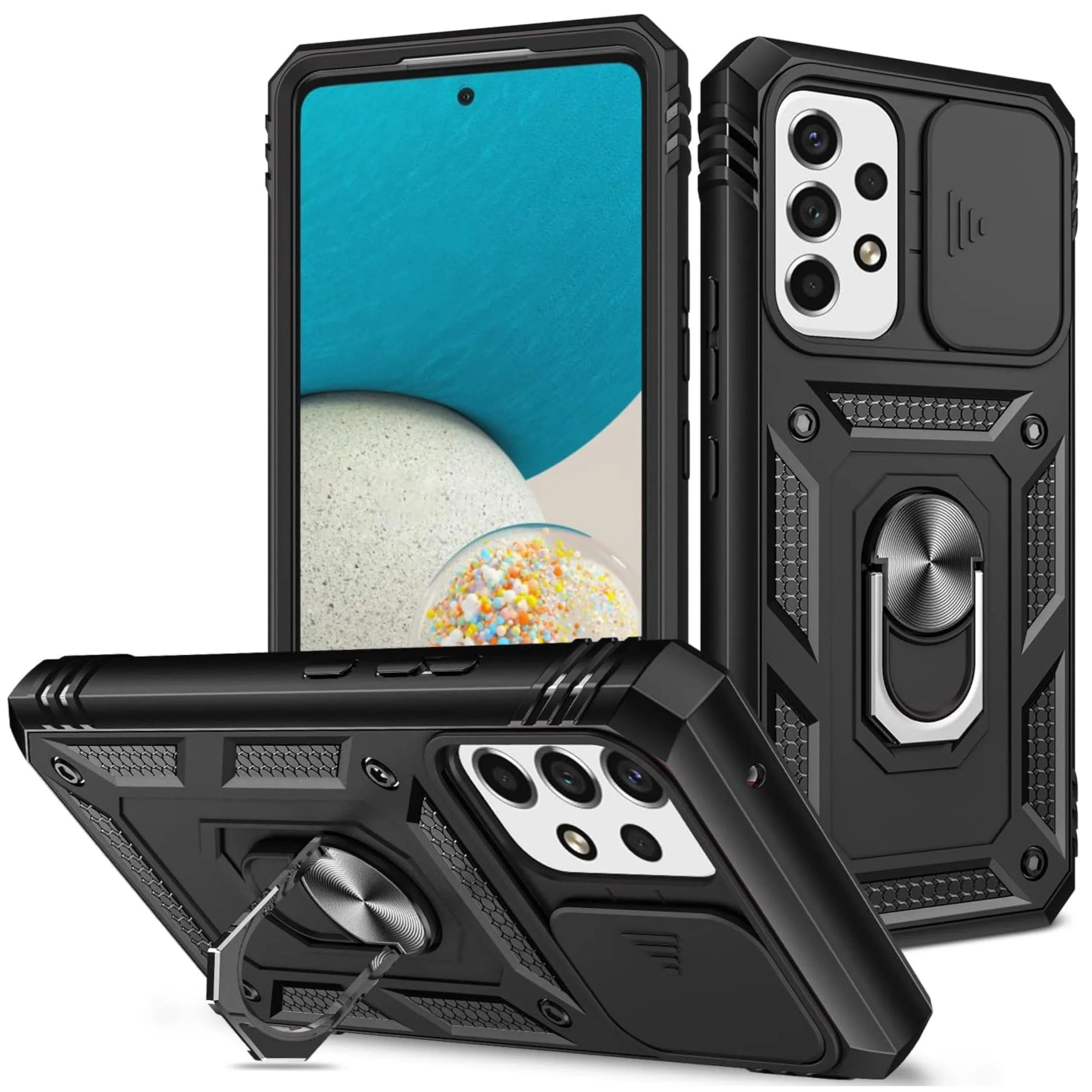 For Motorola Moto G 5G 2025 Hybrid Shockproof, Built-in Sliding Camera Lens Protection with Magnetic Finger Ring Stand Holder Case Cover Red