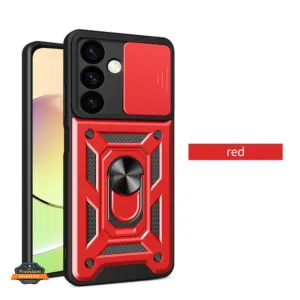 For Motorola Moto G 5G 2025 Hybrid Shockproof, Built-in Sliding Camera Lens Protection with Magnetic Finger Ring Stand Holder Case Cover Red