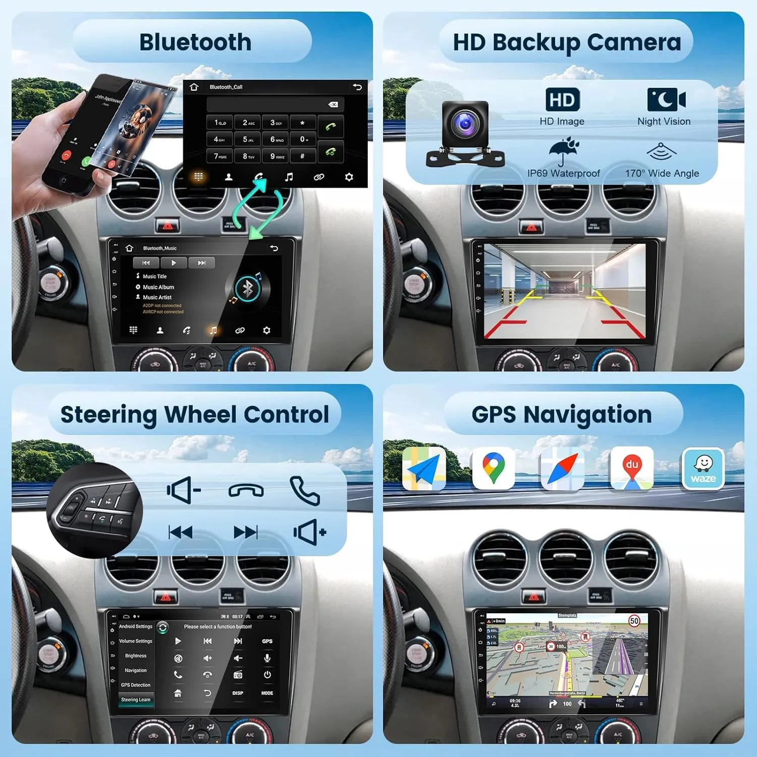 for Nissan Altima 2008-2012 Android 13 Car Stereo 9 Inch HD Touchscreen Radio, Wireless CarPlay Android Auto GPS WiFi Bluetooth FM/RDS SWC Dual USB HD Backup Camera (Manual A/C)