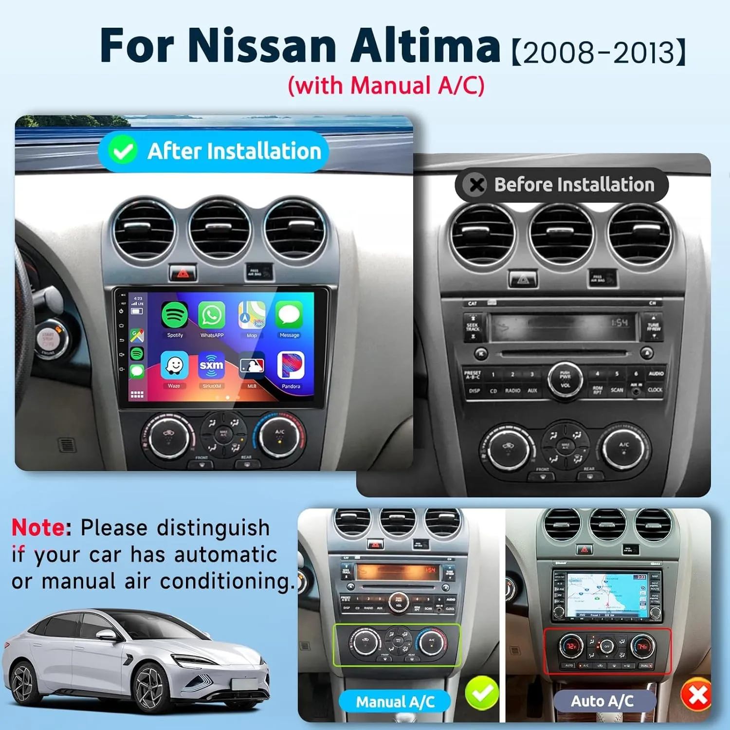for Nissan Altima 2008-2012 Android 13 Car Stereo 9 Inch HD Touchscreen Radio, Wireless CarPlay Android Auto GPS WiFi Bluetooth FM/RDS SWC Dual USB HD Backup Camera (Manual A/C)