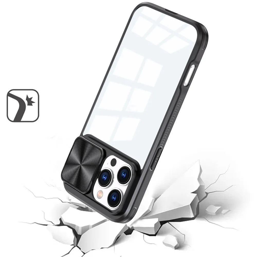 For Samsung Galaxy A52 5G Hybrid Cases with Sliding Camera Cover Transparent Shockproof Bumper TPU Protective Case Cover Black