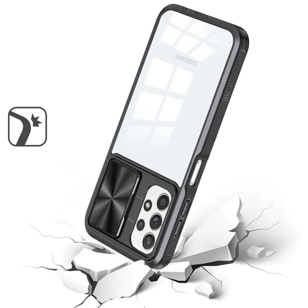For Samsung Galaxy A52 5G Hybrid Cases with Sliding Camera Cover Transparent Shockproof Bumper TPU Protective Case Cover Black