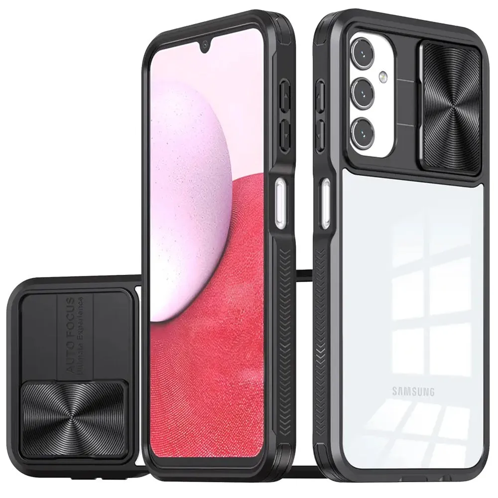 For Samsung Galaxy A52 5G Hybrid Cases with Sliding Camera Cover Transparent Shockproof Bumper TPU Protective Case Cover Black