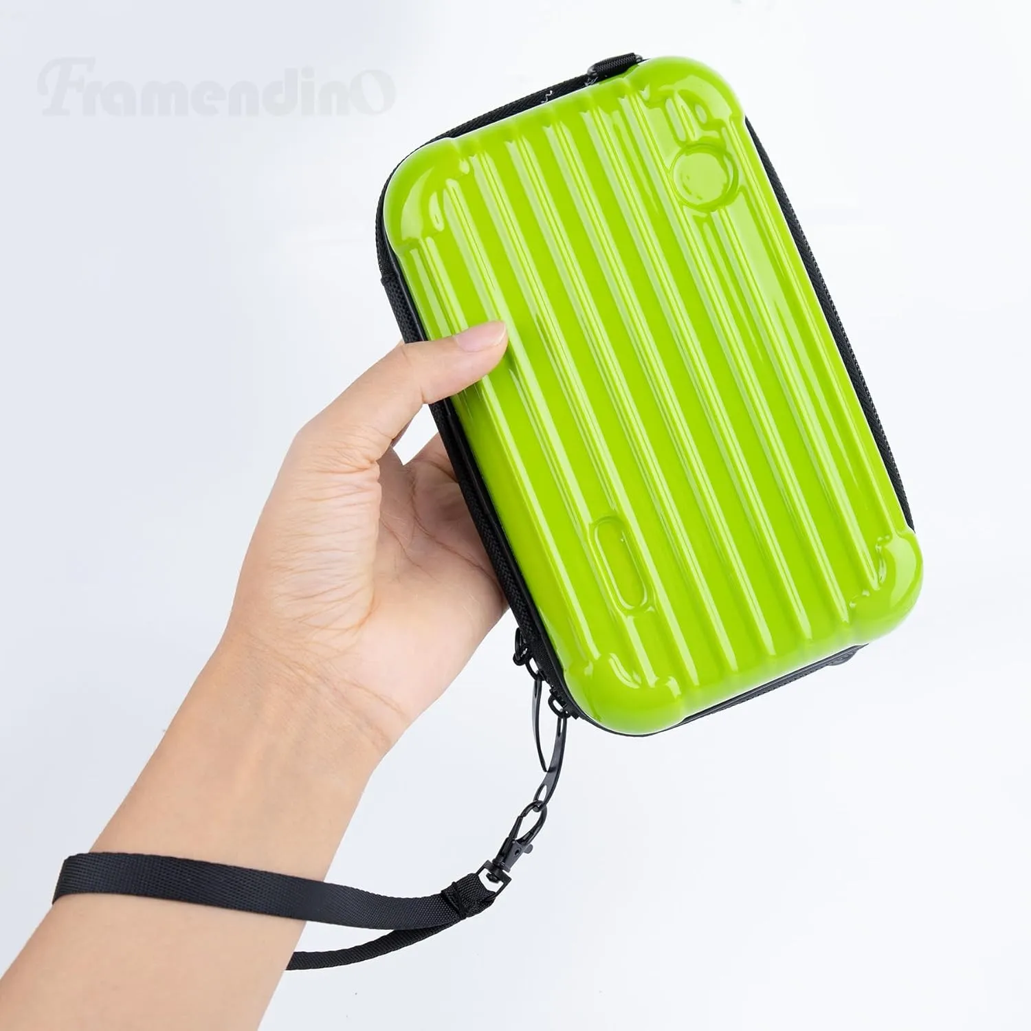 Framendino, Green Hard Shell Cosmetics Case Carrying Bag for Toiletry Mini Cross Body with Detachable Grip Rope and Shoulder Strap