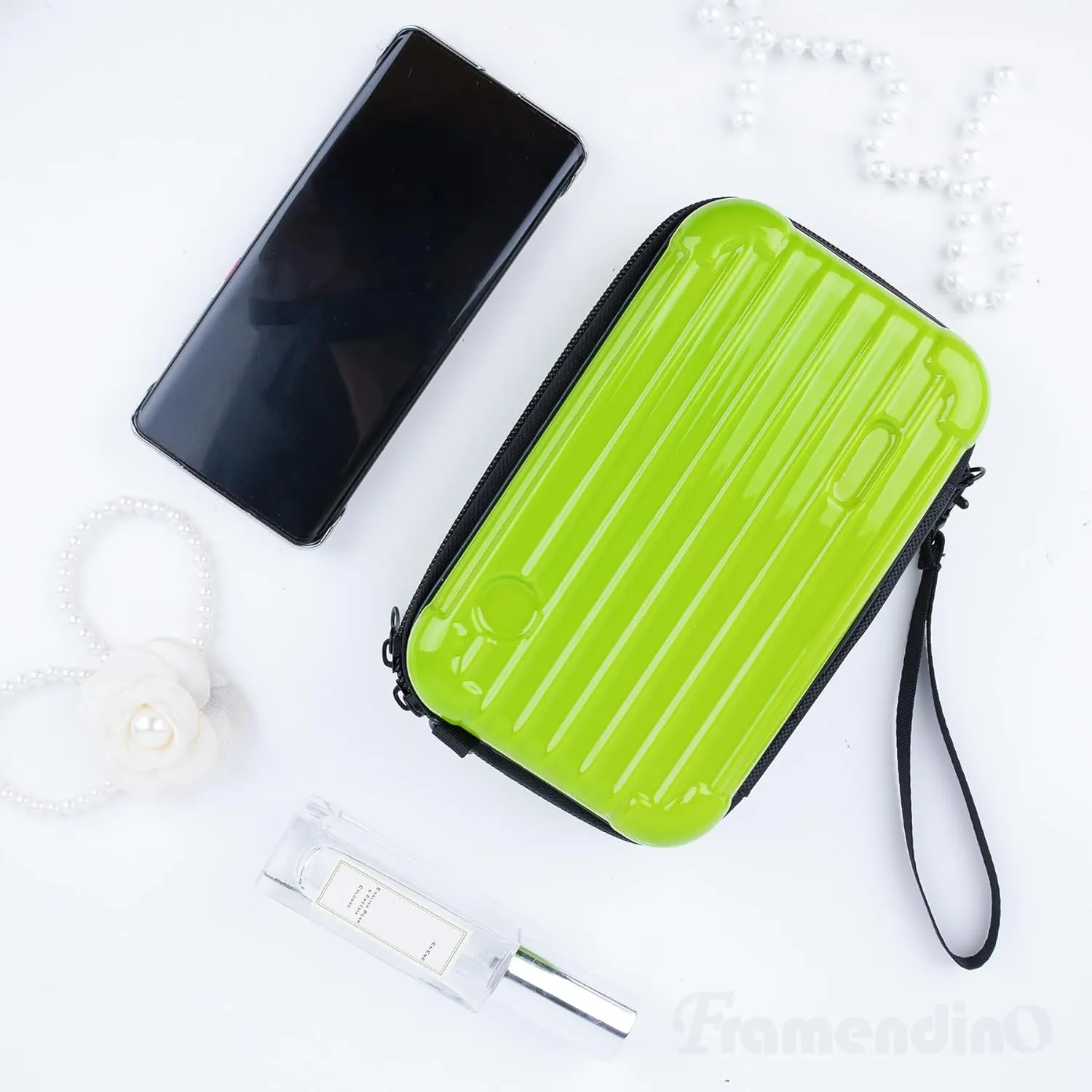 Framendino, Green Hard Shell Cosmetics Case Carrying Bag for Toiletry Mini Cross Body with Detachable Grip Rope and Shoulder Strap