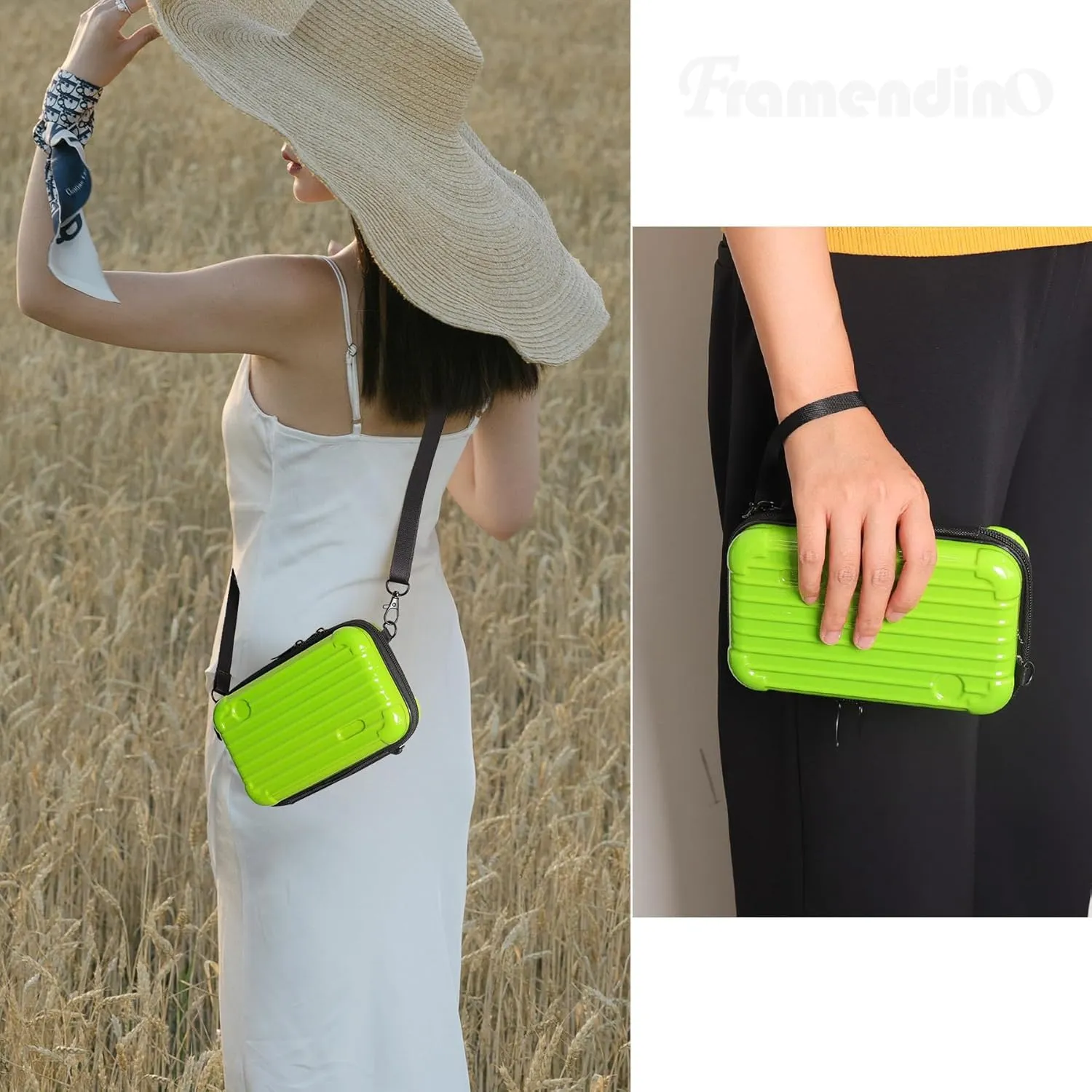 Framendino, Green Hard Shell Cosmetics Case Carrying Bag for Toiletry Mini Cross Body with Detachable Grip Rope and Shoulder Strap