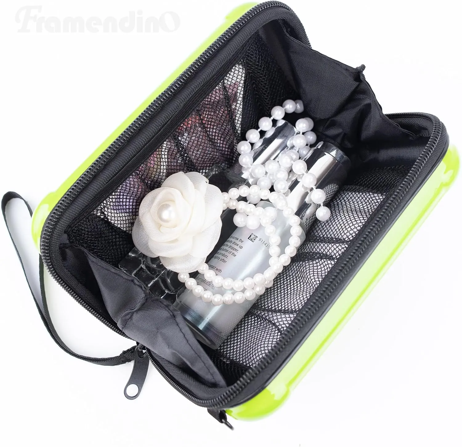 Framendino, Green Hard Shell Cosmetics Case Carrying Bag for Toiletry Mini Cross Body with Detachable Grip Rope and Shoulder Strap