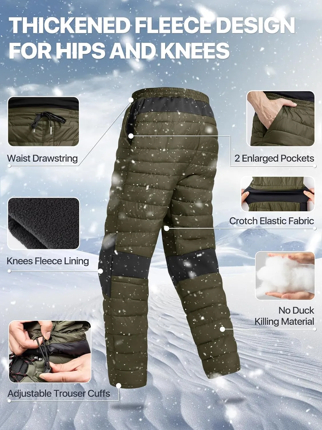 FREE SOLDIER Men's Warm Utility Puffy Quilted Insulated Pants Windproof Winter Pants