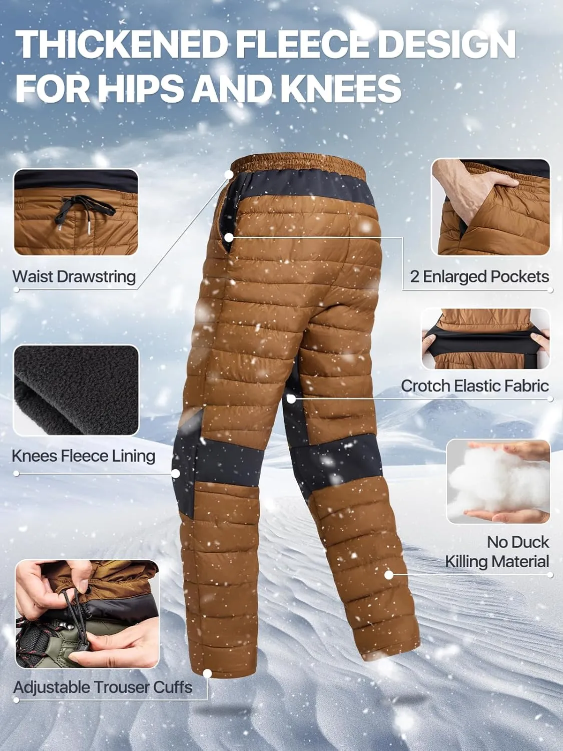 FREE SOLDIER Men's Warm Utility Puffy Quilted Insulated Pants Windproof Winter Pants