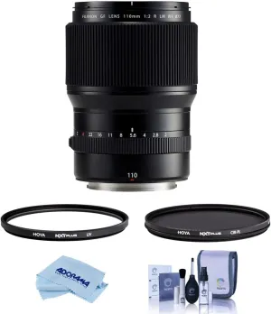 Fujifilm FUJINON GF 110mm F/2 R WR LM Lens for GFXMedium Format System - Bundle with Hoya NXT Plus 77mm HMC UV Filter, Hoya NXT Plus 77mm HMC Circular Polarizer Filter, Cleaning Kit, Microfiber Cloth