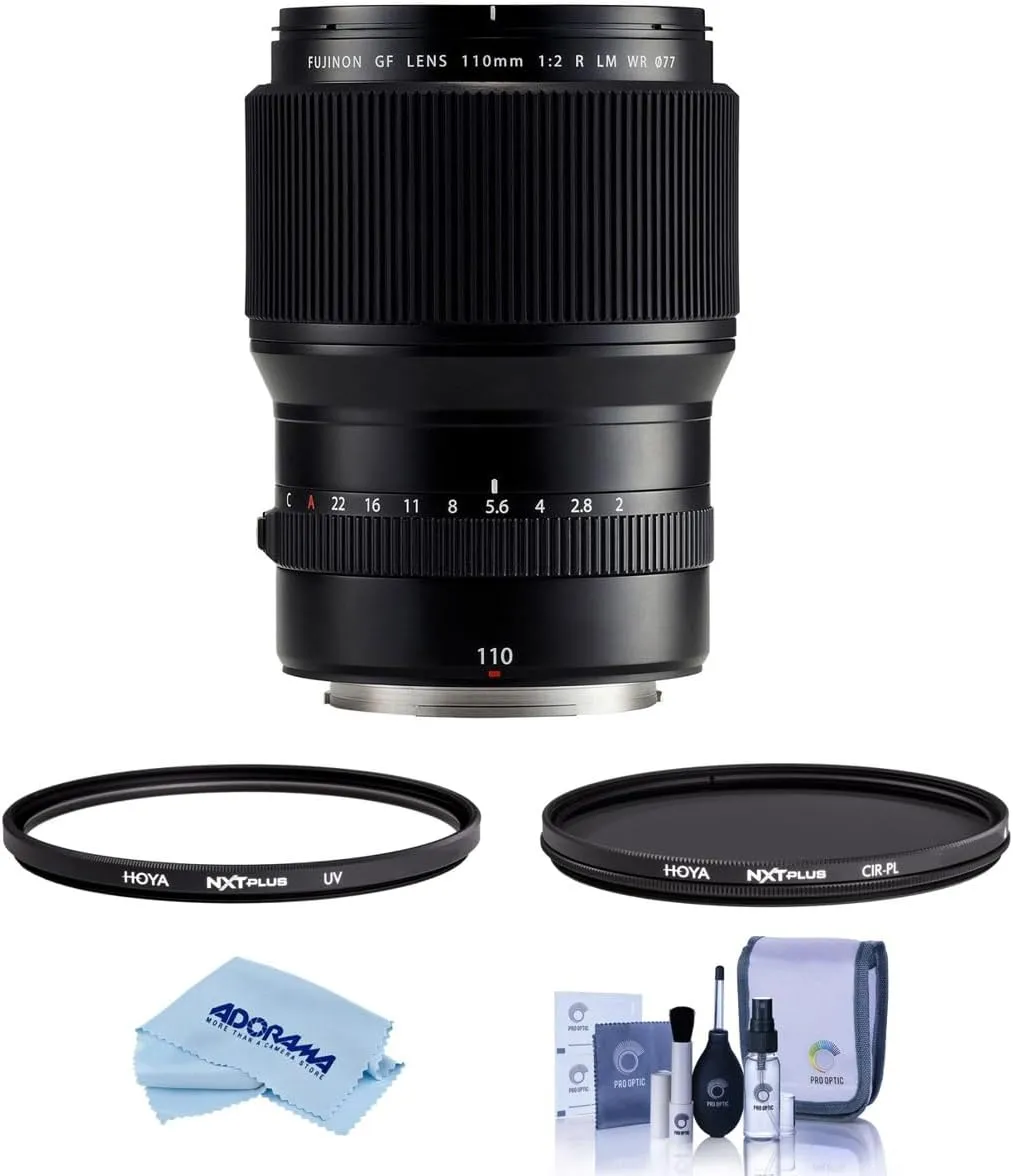 Fujifilm FUJINON GF 110mm F/2 R WR LM Lens for GFXMedium Format System - Bundle with Hoya NXT Plus 77mm HMC UV Filter, Hoya NXT Plus 77mm HMC Circular Polarizer Filter, Cleaning Kit, Microfiber Cloth