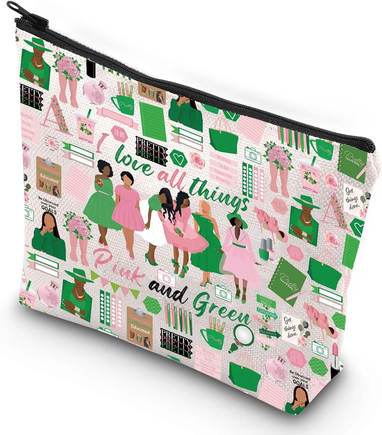 G2TUP Alpha Sorority Gifts for Women Travel Toiletry Cosmetic Makeup Pouch I Love All Things Pink and Green (Love All Things New)