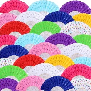 Geetery 50 Pcs Floral Folding Fan Chinese Style Silk Fabric Folding Hand Fan Vintage Flower Patterns Handheld for Wedding Party Favors Home(Bright Colors)