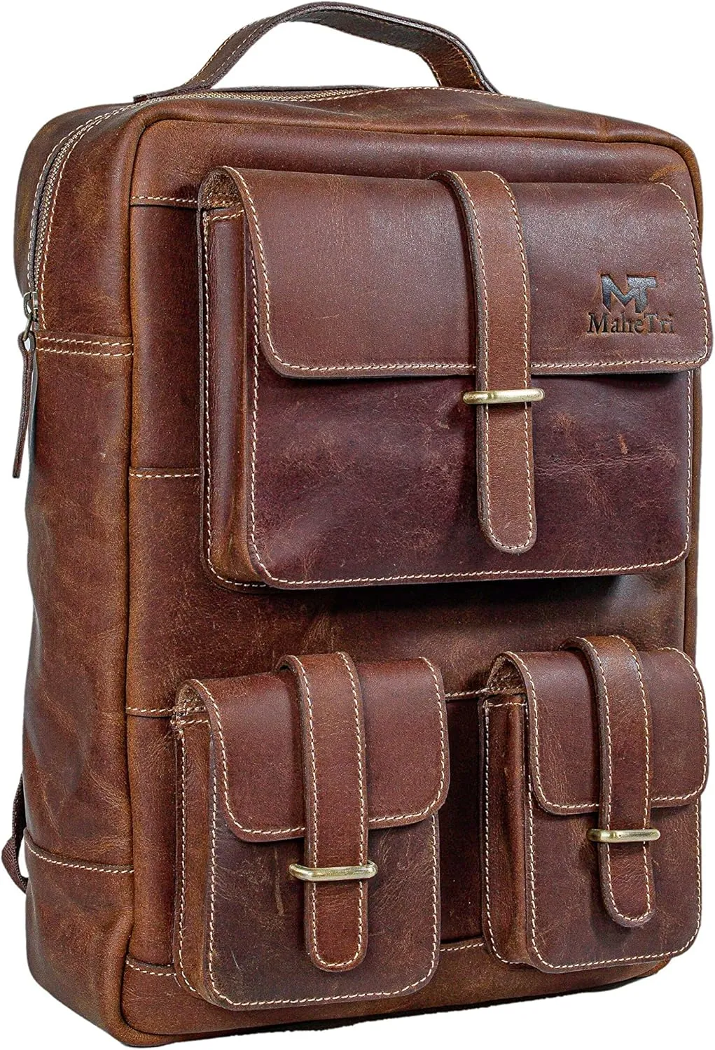 Genuine Leather Backpack for Men Vintage 15" Laptop Bag Multi Pockets Rucksack Casual Travel Daypack Brown