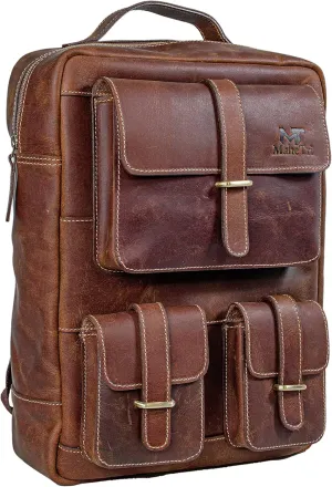 Genuine Leather Backpack for Men Vintage 15" Laptop Bag Multi Pockets Rucksack Casual Travel Daypack Brown